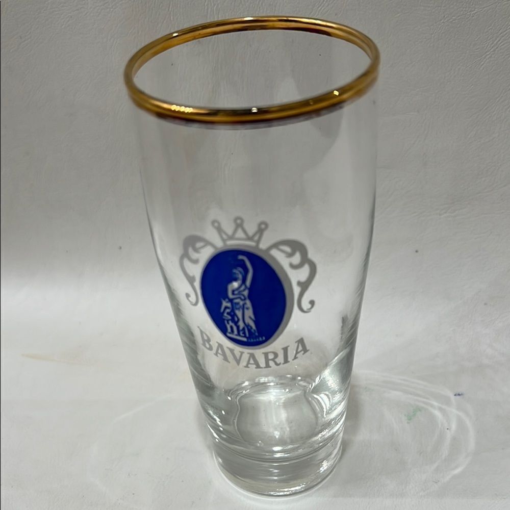 Bavaria Beer Glass with Gold Rim Blue Emblem 12 Oz 5 3/4 In Tall 2 1/4 In Tall